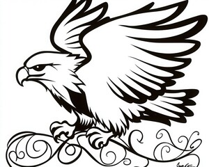 Fototapeta premium Black and White Illustration of a Stylized Eagle with Wings Spread Above Ornate Scrollwork