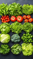 Fresh vegetables arranged with tomatoes on a dark background for food recipes