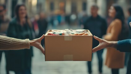 Sharing food box in crowded city square