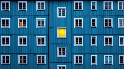Obraz premium Building Facade with Many Windows and a Singular Yellow Light Shining in the Evening