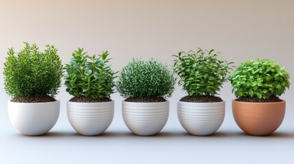 Fototapeta premium Five potted herbs, studio shot, neutral background, website design
