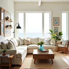 A breezy living space with light colors, natural materials, and ocean-inspired decor, perfect for a beach house
