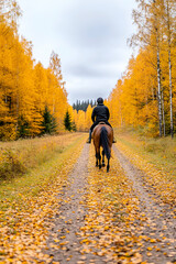 Fototapeta premium Horseback riding on a path in an autumn forest; for travel and outdoor lifestyle