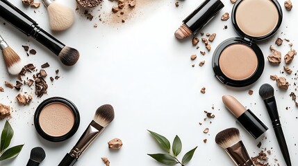 Makeup products arranged on white background