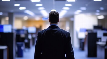 Businessman Walking Through Modern Office at Night Time