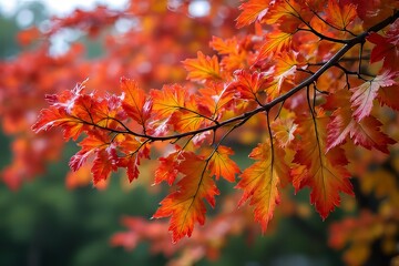 Vibrant Autumn Leaves on a Branch - Beautiful Fall Foliage Close-up