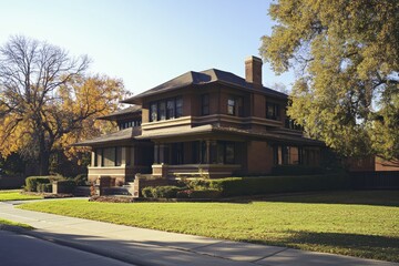 Brick Craftsman house on a sunny autumn day