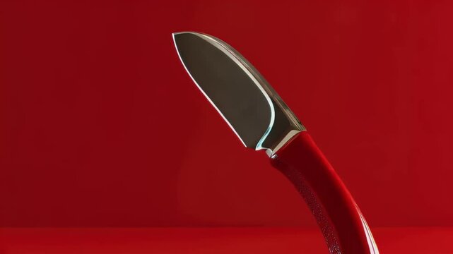 Red handled knife, standing upright against red background.  Culinary tool, sharp blade, product photography