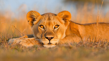 Naklejka premium Lioness resting in African savanna at sunset