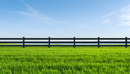 Peaceful meadow scene with fence, lake view and clear sky backdrop for nature