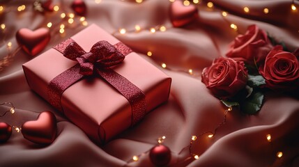 Romantic pink valentines day gift boxes with glittering and heart decorations on a festive background