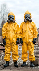 Fototapeta premium People in hazmat suits stand near rubble. Perfect for safety awareness campaigns