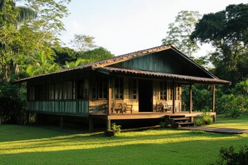 Rustic wooden house in lush greenery.