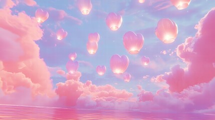 Fototapeta premium Magical Night Scene with Glowing Heart Balloons Floating in a Pastel Sky Full of Clouds