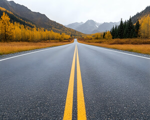 Road trip through autumn landscape leads to mountain range. Travel concept