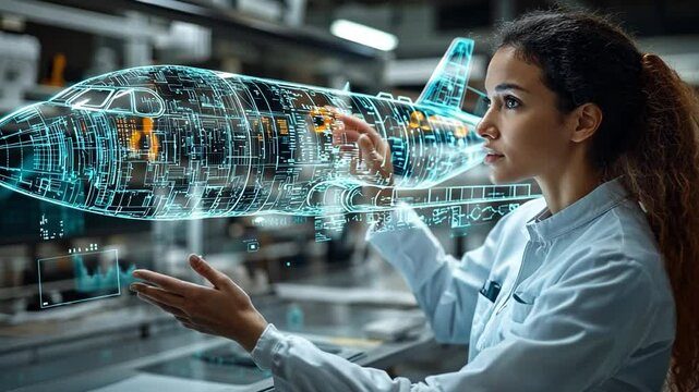 Visionary Aerospace Engineer: A skilled aerospace engineer, immersed in her innovative work, meticulously examines a holographic projection of a modern aircraft within a dynamic laboratory.
