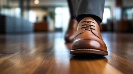 Man in Business Suit Walking in Office on Wooden Floor