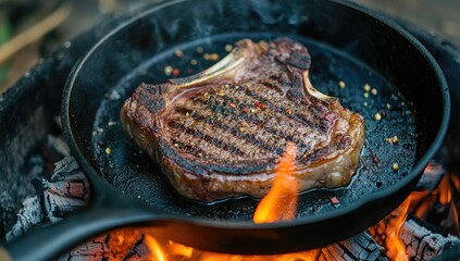 Outdoor steak cooking over campfire in cast iron skillet