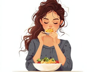 Cartoon people woman eating illustration isolated on solid white background