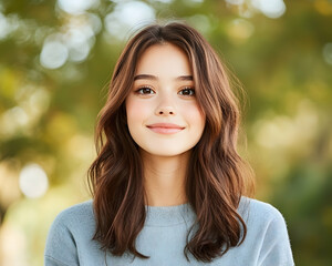 Fototapeta premium Smiling brunette young woman portrait outdoors with blurred tree background; beauty product