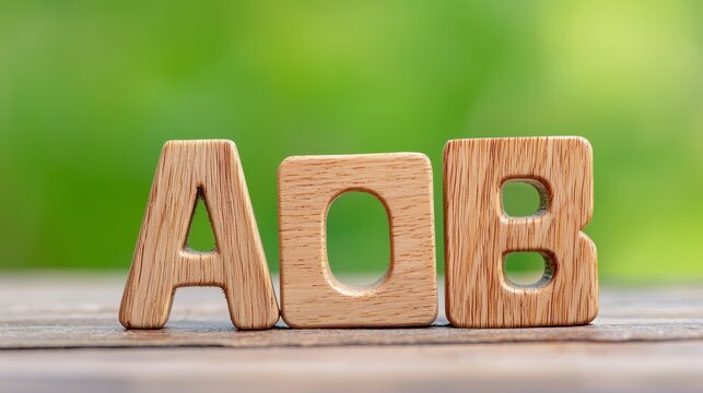 Light Brown Wooden Letters AOB on Wooden Surface with Blurred Green Background