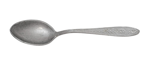 Old metal spoon lying horizontally on white background