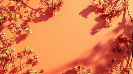 Fototapeta premium Delicate dry flowers arranged with subtle shadows on a warm orange background, creating a serene and artistic seasonal composition. AI generated.