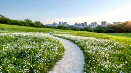 Obraz premium Winding path through daisy field, city skyline backdrop; nature escape