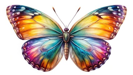 Obraz premium A colorful butterfly, exquisitely detailed, rendered in watercolor style, macro photography on white.
