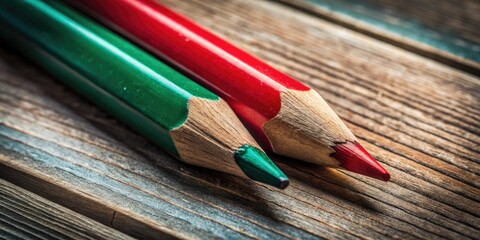 Fototapeta premium A documentary photography study: intimate portraits of red and green pencils in a close-up still life.