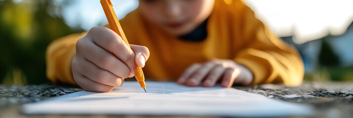 Child's Hand Writing with Orange Pen on Paper Outdoors