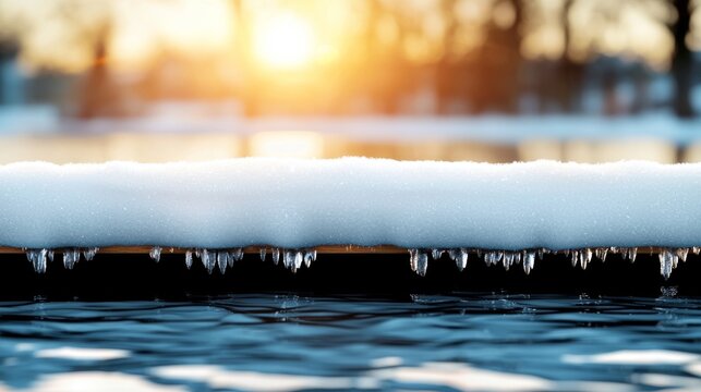  a wooden dock covered in snow with icicles hanging from it, illuminated by the sun in the background The water below the dock is visible, and the background is sli
