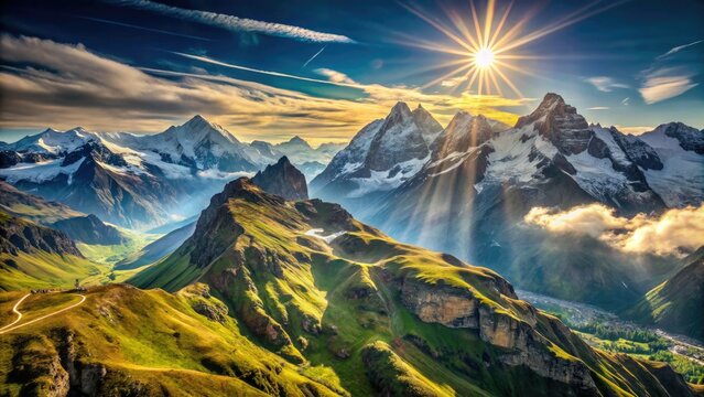 Aerial view: Swiss Alps ablaze with sunlight, a stunning 10-bit HDR summer capture.