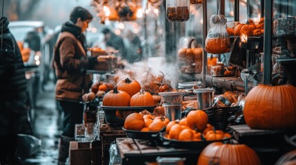 Naklejka premium Autumn Market: Pumpkins, Steam, and Fall Colors