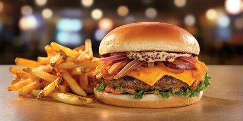 A delicious cheeseburger topped with melted cheese, lettuce, and onions, served alongside crispy French fries.