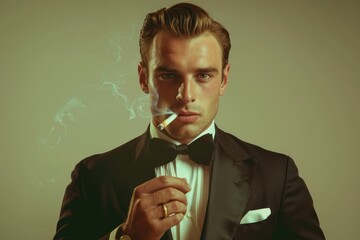 A sophisticated man in a tuxedo, smoking a cigarette, exudes old Hollywood charm and style.