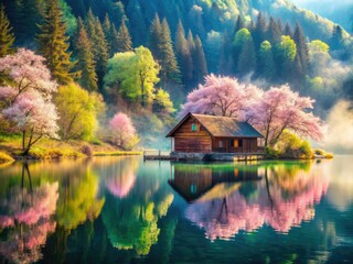 Fototapeta premium AI-generated fantasy: a spring cabin dreamscape, double exposed, surreal lakeside magic.