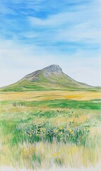 Obraz premium Lone mountain rising above colorful meadow under blue sky, ideal for nature and travel promotions