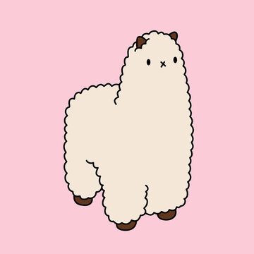Cute Fluffy Llama Vector Illustration. Wooly Alpaca Funny Animal Character Isolated on Pink Background