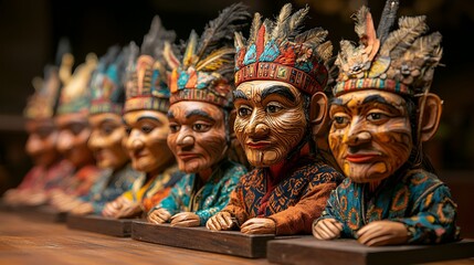 Fototapeta premium Traditional Indonesian wooden figurines; row of carved figures; cultural display; decorative crafts