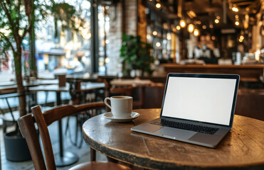 Mockup, laptop blank screen on wood table with coffee cafe background, template for your text advertisement