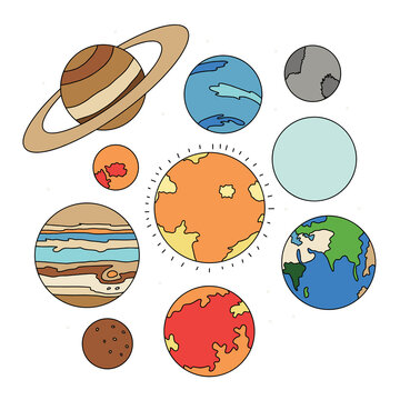 Colorful Vector Icon Set of Cartoon Planets. Astronomy Earth Outer Space Solar System. Milky Way Galaxy Astrology on White Background