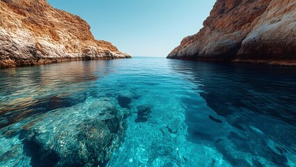 Obraz premium Stunning view of crystal-clear turquoise water in a secluded cove surrounded by rugged cliffs. Ideal for travel, nature, or relaxation themes, showcasing tranquility and beauty.