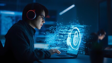 User with headphones engaged in cybersecurity tasks on laptop. Digital lock and data streams visualized on screen emphasize themes of security, technology, and online protection.