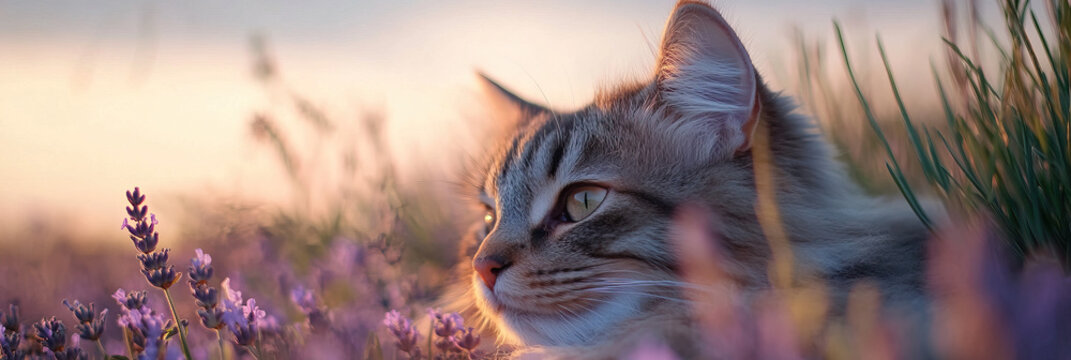 Grey Tabby Cat in Lavender Field at Sunset