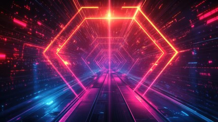 Obraz premium Abstract digital art with geometric shapes in neon colors. Set against a dark background. Emphasizing modern aesthetics and technological themes. Ideal for digital design projects.