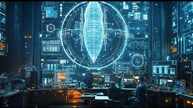 Cyberpunk Control Center: A futuristic control center buzzes with advanced technology, illuminated by the vibrant glow of holographic displays and interactive interfaces. Technicians are hard at work.