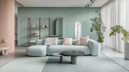 Modern pastel-themed living space with a soft blue wall, a comfortable sofa, and a decorative storage rack
