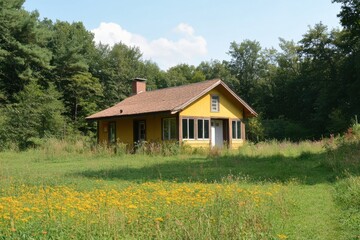 Fototapeta premium Yellow house in a field of wildflowers.