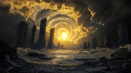 Flooded post apocalyptic city with a vortex in the sky